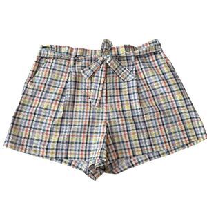 LOFT Plaid Belted Paper Bag Shorts High Rise Womens Pleated Seersucker Sz XL